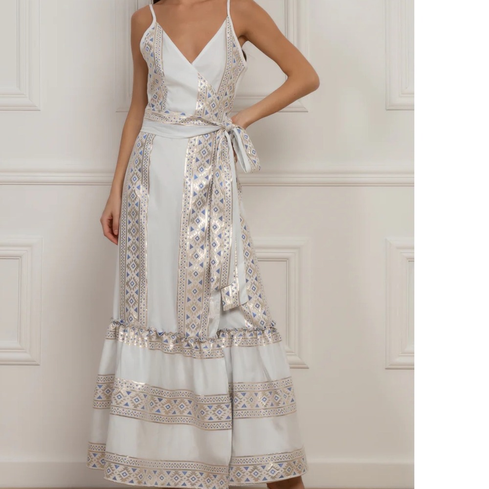 Kasia Ariel Maxi Dress Womens Large Wrap Sleeveless Tie Waist‎ Geometric
